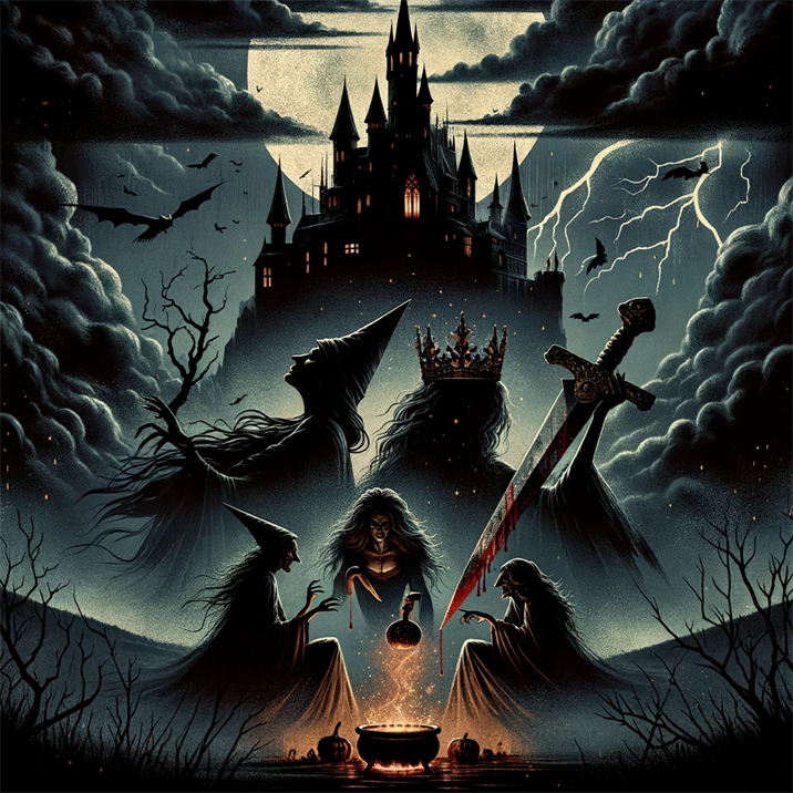 An artistic depiction of motieven from Shakespeare's Macbeth. The image should include a dark, foreboding castle on a stormy
